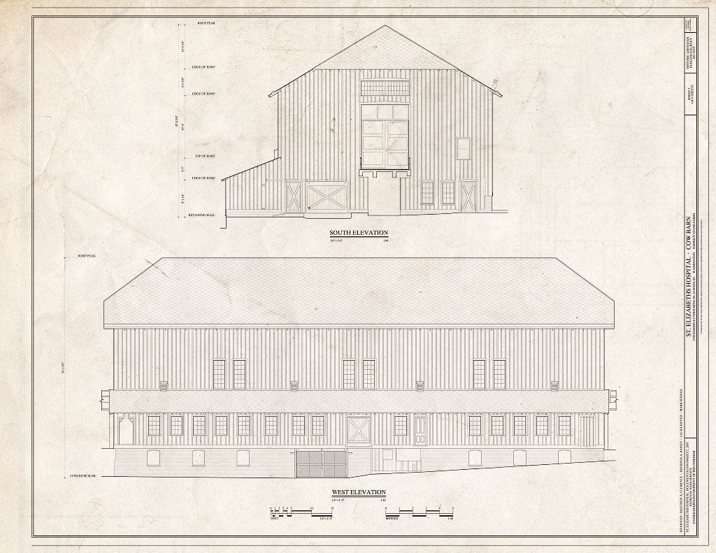 Blueprint 3. South and West Elevations - St. Elizabeths Hospital, Cow Barn, 2700 Martin Luther King Jr Avenue SE, Washington, District of Columbia, DC