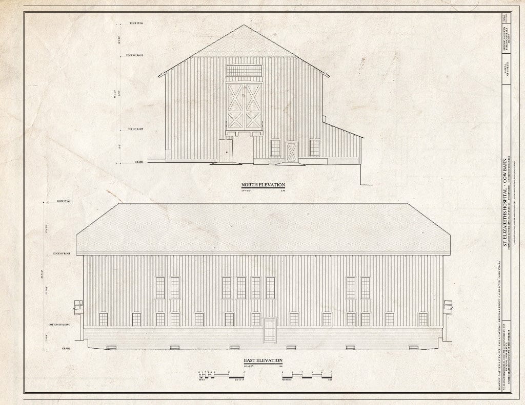 Blueprint 4. North and East Elevations - St. Elizabeths Hospital, Cow Barn, 2700 Martin Luther King Jr Avenue SE, Washington, District of Columbia, DC