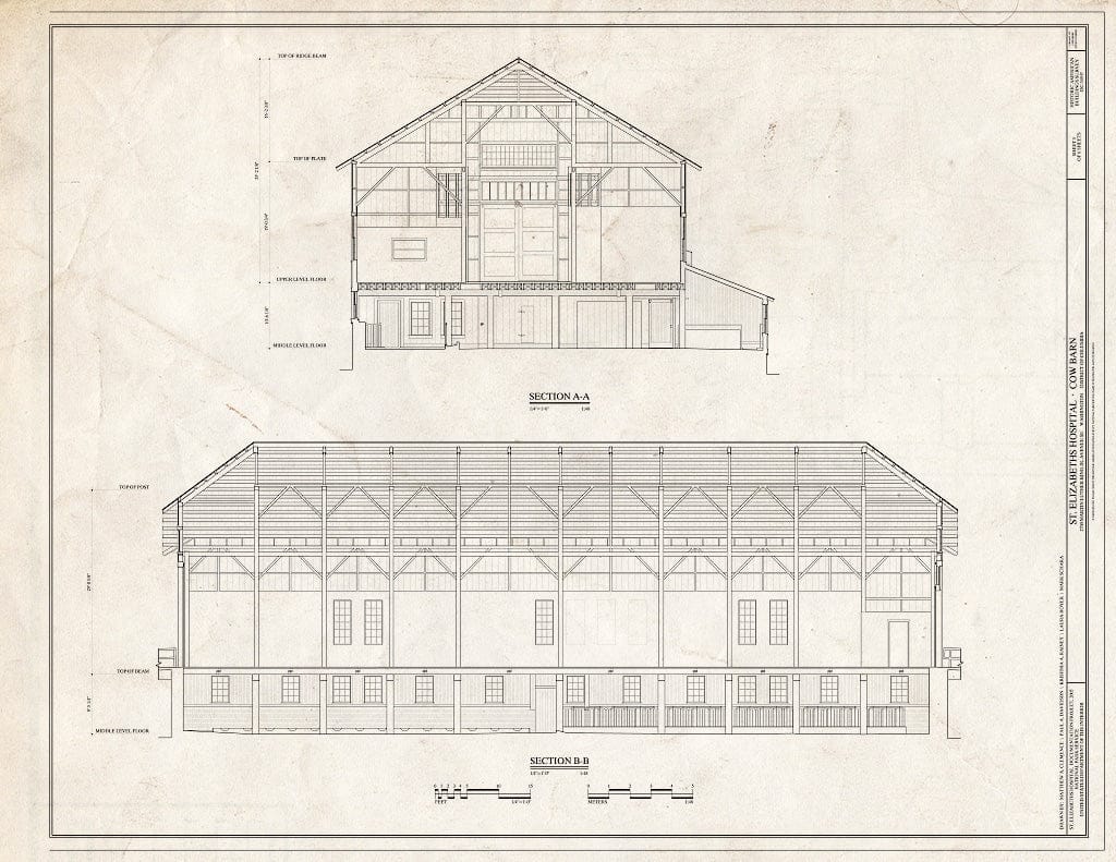 Blueprint 5. Sections A-A and B-B - St. Elizabeths Hospital, Cow Barn, 2700 Martin Luther King Jr Avenue SE, Washington, District of Columbia, DC