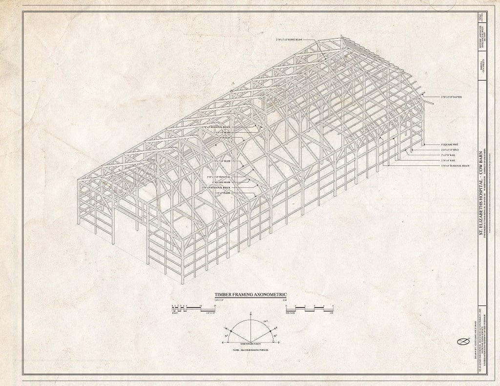 Blueprint 6. Timber Framing Axonometric - St. Elizabeths Hospital, Cow Barn, 2700 Martin Luther King Jr Avenue SE, Washington, District of Columbia, DC