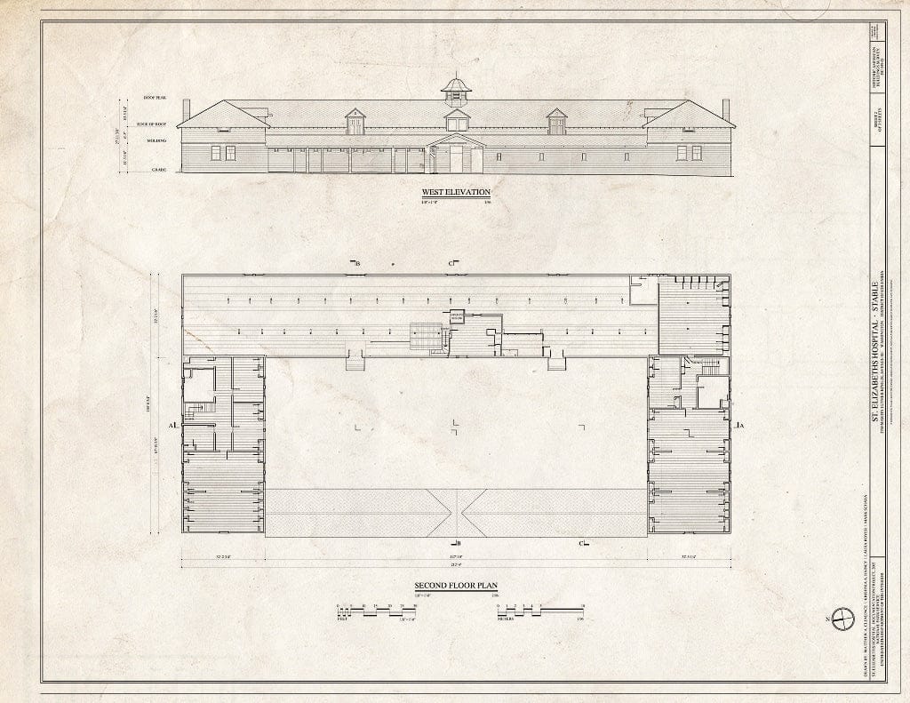 Blueprint 2. Second Floor Plan and West Elevation - St. Elizabeths Hospital, Stable, 2700 Martin Luther King, Jr. Avenue Southeast, Washington, District of Columbia, DC