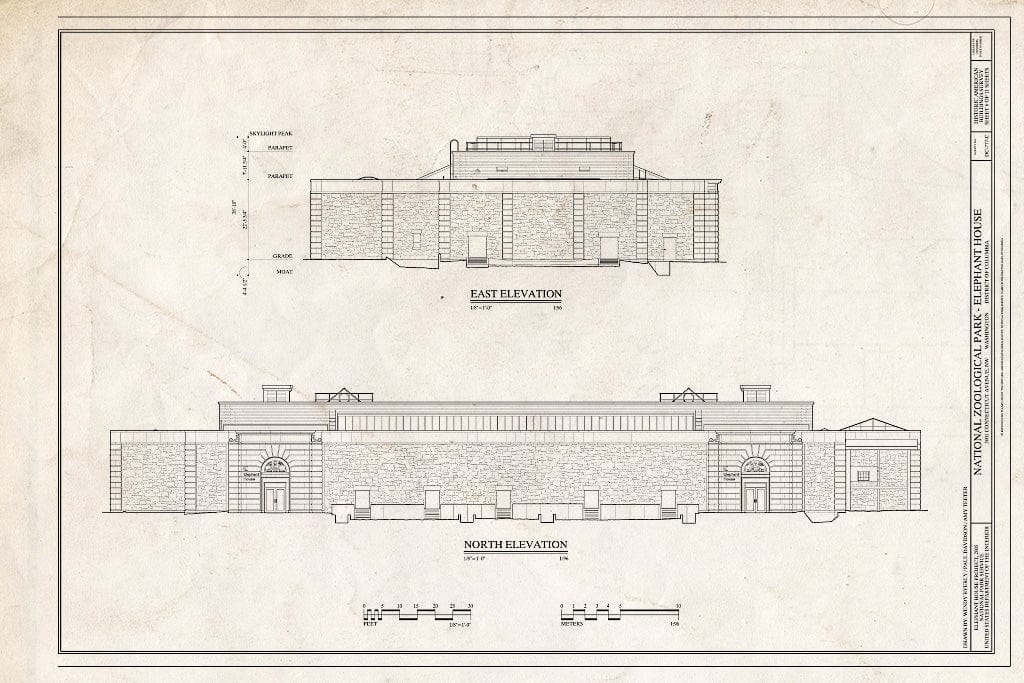 Blueprint East Elevation, North Elevation - National Zoological Park, Elephant House, 3001 Connecticut Avenue NW, Washington, District of Columbia, DC