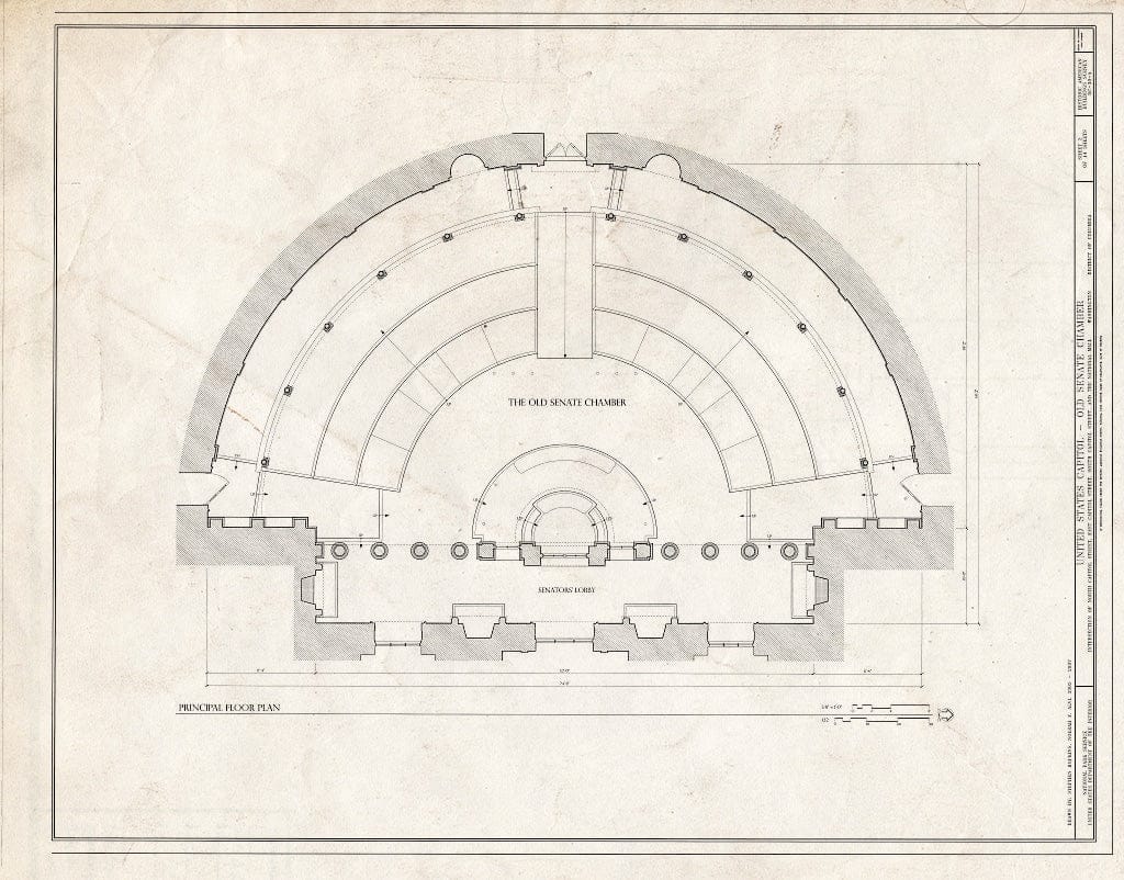 Blueprint East-West Section/Elevation - U.S. Capitol, Old Senate Chamber, Intersection of North, South, East Capitol Streets & Capitol Mall, Washington, District of Columbia, DC