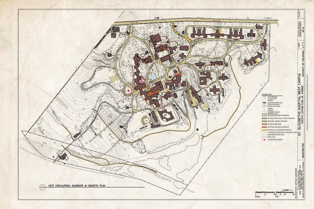 Blueprint 1937 Circulation, Elements and Objects Plan - St. Elizabeths Hospital West Campus, 2700 Martin Luther King Jr. Avenue, Southeast, Washington, District of Columbia, DC