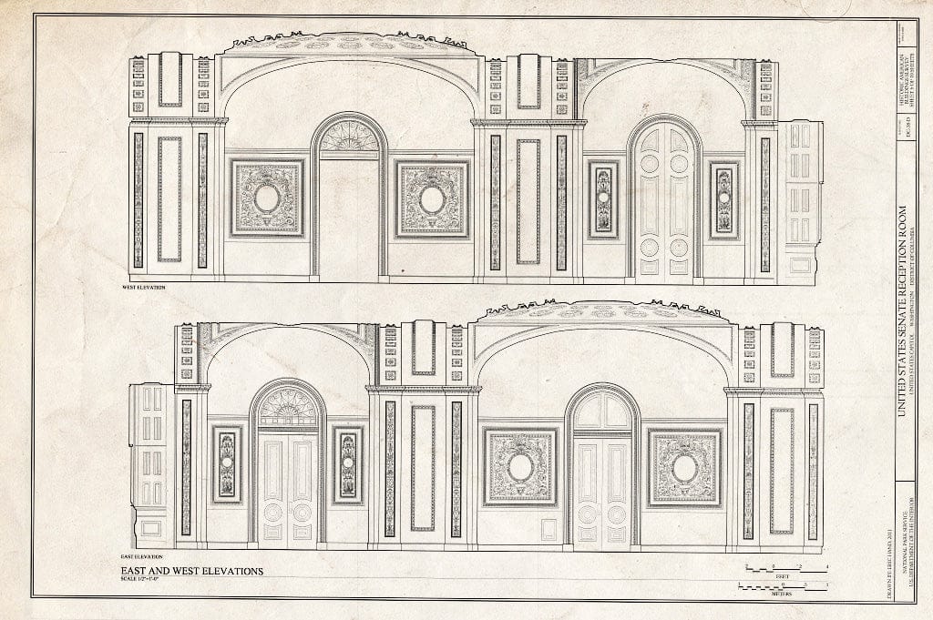 Blueprint East and West Elevations - U.S. Capitol, Senate Reception Room, Intersection of North, South, East Capitol Streets & Capitol Mall, Washington, District of Columbia, DC