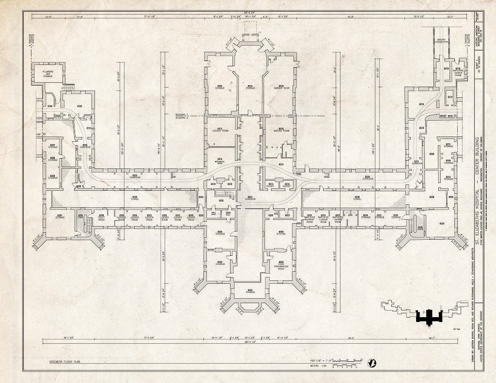 Blueprint 1. Basement Floor Plan - St. Elizabeths Hospital, Center Building, 539-559 Cedar Drive, Southeast, Washington, District of Columbia, DC