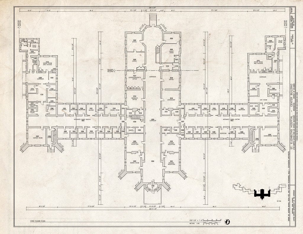 Blueprint 2. First Floor Plan - St. Elizabeths Hospital, Center Building, 539-559 Cedar Drive, Southeast, Washington, District of Columbia, DC