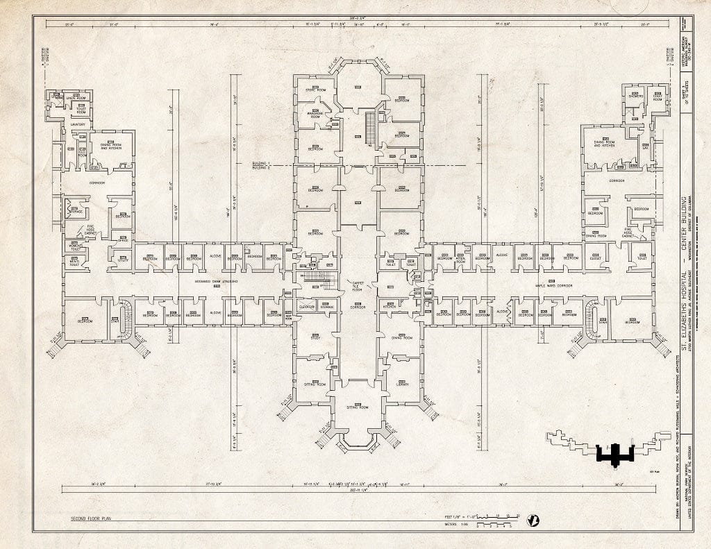 Blueprint 3. Second Floor Plan - St. Elizabeths Hospital, Center Building, 539-559 Cedar Drive, Southeast, Washington, District of Columbia, DC