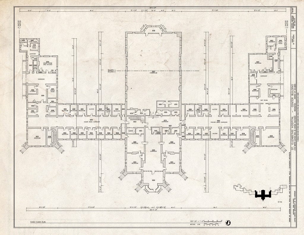 Blueprint 4. Third Floor Plan - St. Elizabeths Hospital, Center Building, 539-559 Cedar Drive, Southeast, Washington, District of Columbia, DC