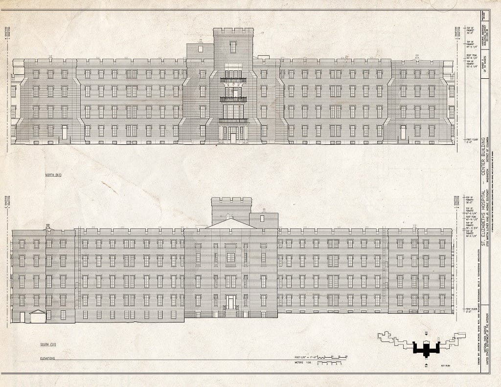 Blueprint 7. North & South Elevations - St. Elizabeths Hospital, Center Building, 539-559 Cedar Drive, Southeast, Washington, District of Columbia, DC