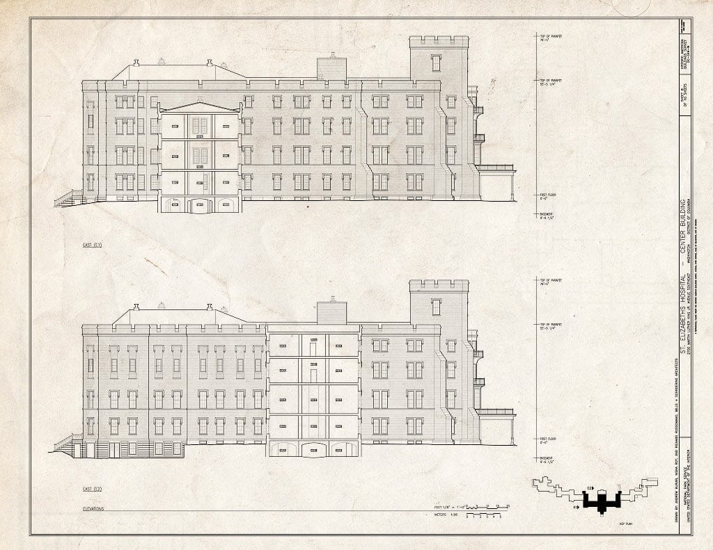 Blueprint 8. East Elevations - St. Elizabeths Hospital, Center Building, 539-559 Cedar Drive, Southeast, Washington, District of Columbia, DC