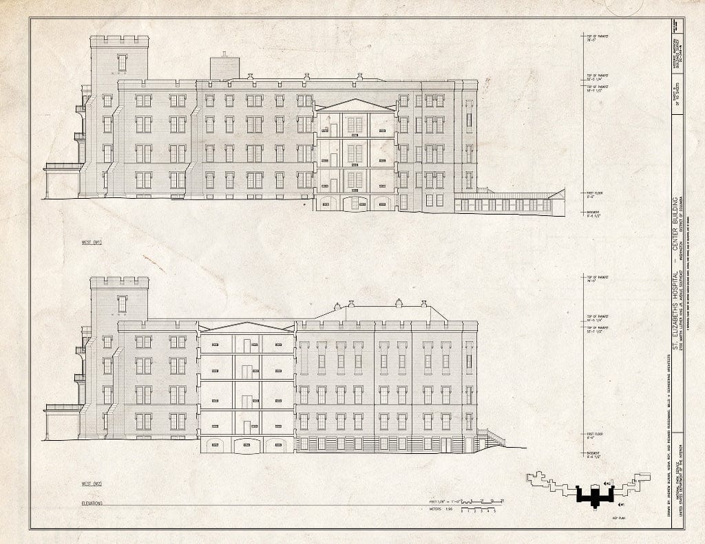 Blueprint 9. West Elevations - St. Elizabeths Hospital, Center Building, 539-559 Cedar Drive, Southeast, Washington, District of Columbia, DC