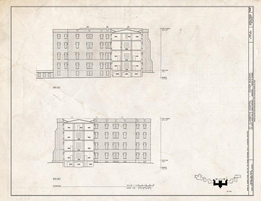 Blueprint 10. East & West Elevations - St. Elizabeths Hospital, Center Building, 539-559 Cedar Drive, Southeast, Washington, District of Columbia, DC