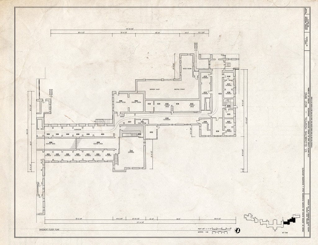 Blueprint 1. Basement Floor Plan - St. Elizabeths Hospital, West Wing, 539-559 Cedar Drive, Southeast, Washington, District of Columbia, DC