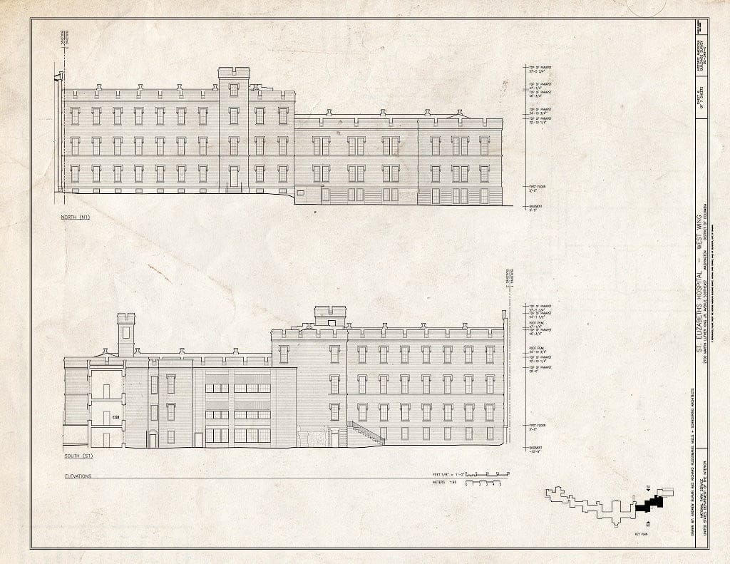 Blueprint 6. North & South Elevations - St. Elizabeths Hospital, West Wing, 539-559 Cedar Drive, Southeast, Washington, District of Columbia, DC