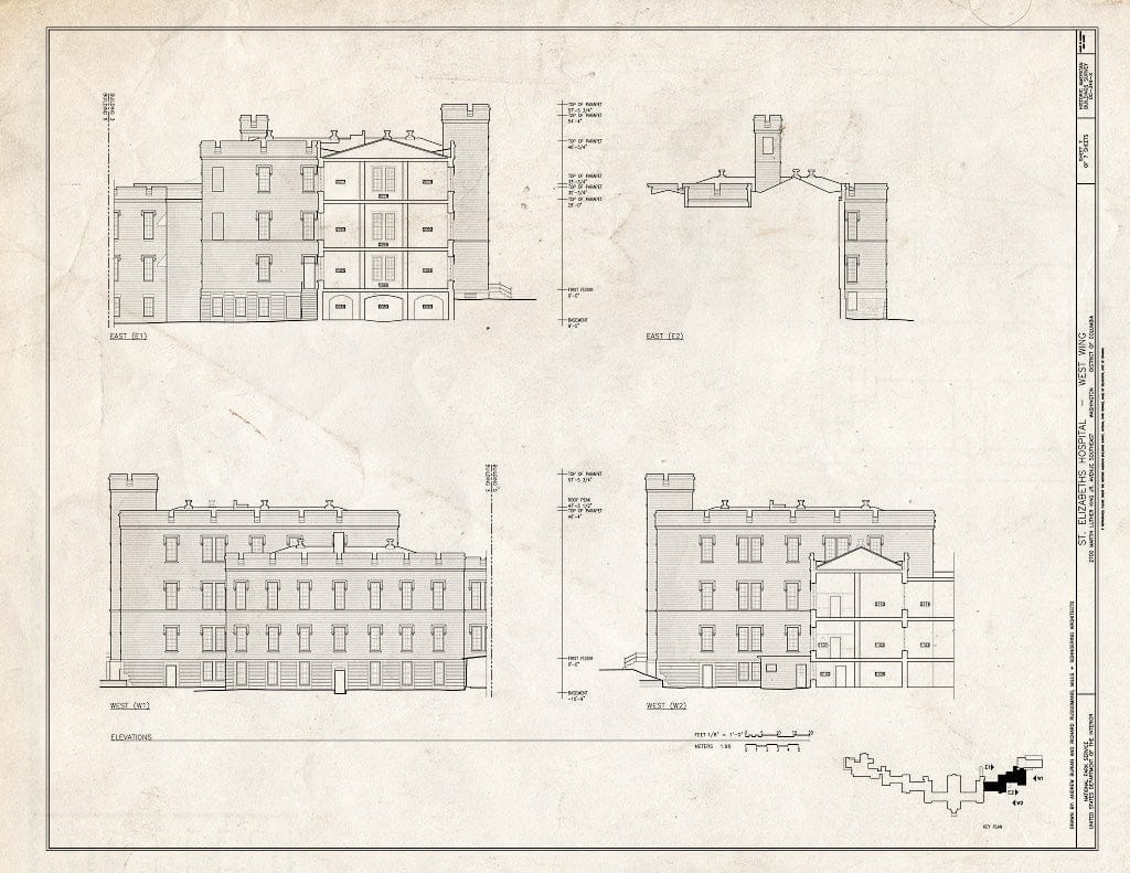 Blueprint 7. East & West Elevations - St. Elizabeths Hospital, West Wing, 539-559 Cedar Drive, Southeast, Washington, District of Columbia, DC