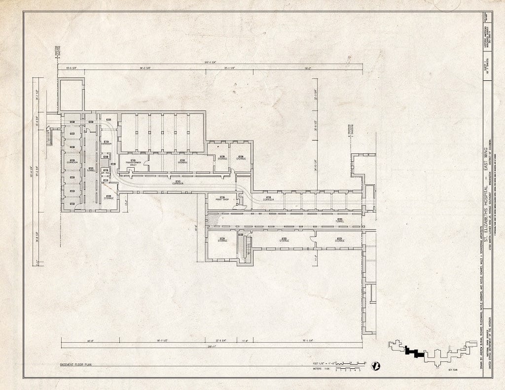 Blueprint 1. Basement Floor Plan - St. Elizabeths Hospital, East Wing, 539-559 Cedar Drive, Southeast, Washington, District of Columbia, DC