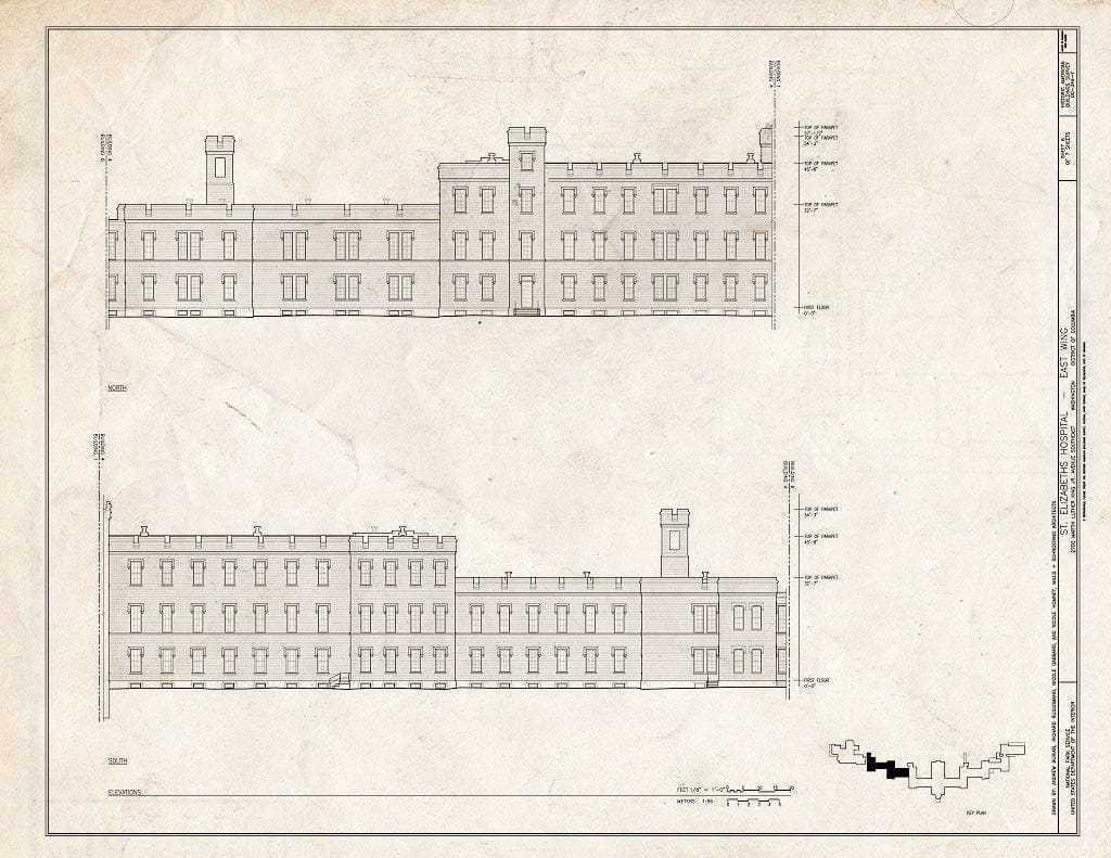 Blueprint 6. North & South Elevations - St. Elizabeths Hospital, East Wing, 539-559 Cedar Drive, Southeast, Washington, District of Columbia, DC