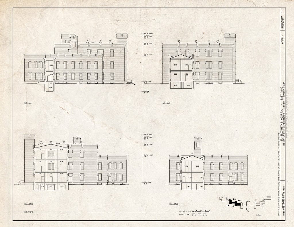 Blueprint 7. East & West Elevations - St. Elizabeths Hospital, East Wing, 539-559 Cedar Drive, Southeast, Washington, District of Columbia, DC