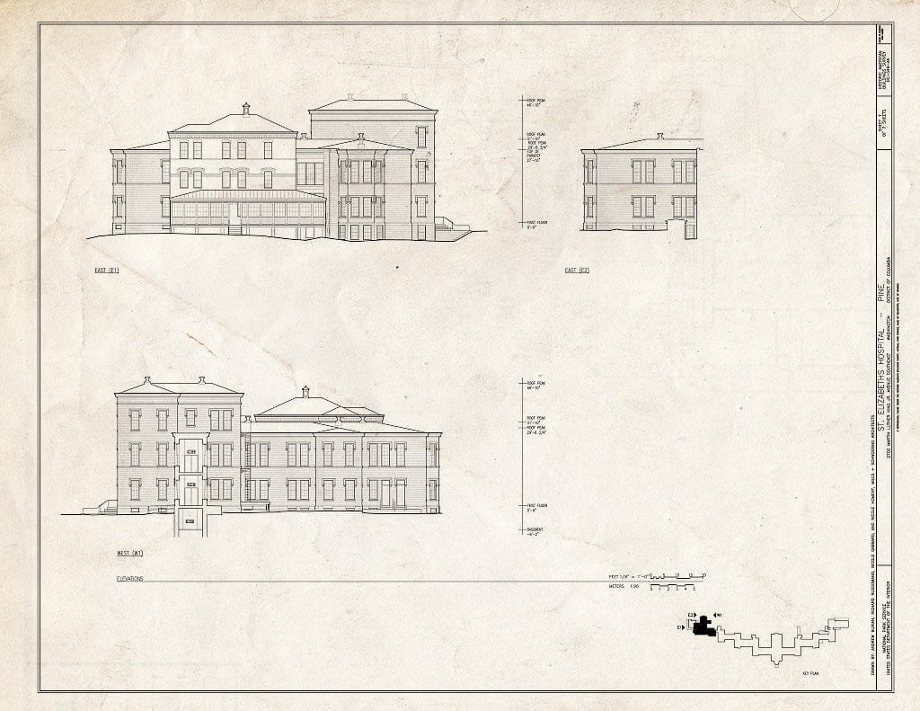 Blueprint East & West Elevations - St. Elizabeths Hospital, Pine, 539-559 Cedar Drive, Southeast, Washington, District of Columbia, DC