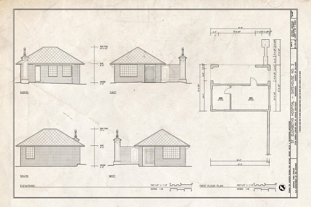 Blueprint Elevations & Floor Plan - St. Elizabeths Hospital, Gatehouse No. 2, 2701 Martin Luther King Jr. Avenue, Southeast, Washington, District of Columbia, DC