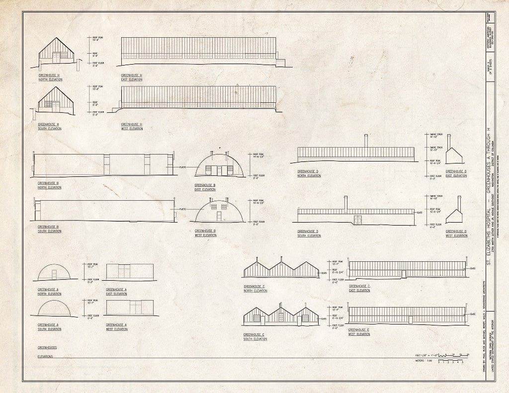 Blueprint Elevations - St. Elizabeths Hospital, Greenhouses, 2675-2689 Martin Luther King Jr. Avenue, Southeast, Washington, District of Columbia, DC