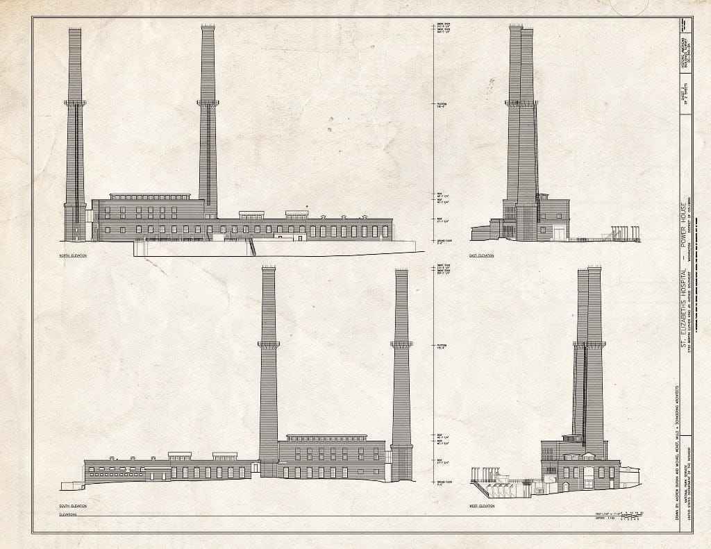 Blueprint Elevations - St. Elizabeths Hospital, Power House, 2700 Martin Luther King Jr. Avenue, Southeast, Ash Street, Southeast, Washington, District of Columbia, DC