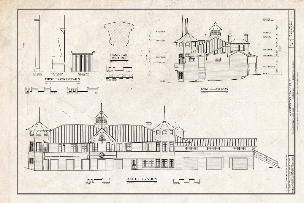 Blueprint 4. South and East Elevations, First Floor Details, and Hand Rail Details - Washington Canoe Club, 3700 Water Street Northwest, Washington, District of Columbia, DC