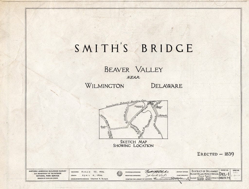 Blueprint Cover Sheet with Sketch Map - Smith's Covered Bridge, Beaver Valley, Spanning Brandywine River, Granogue, New Castle County, DE