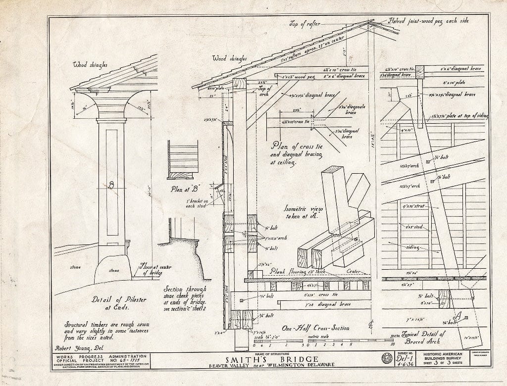 Blueprint Details, On Half Cross Section - Smith's Covered Bridge, Beaver Valley, Spanning Brandywine River, Granogue, New Castle County, DE