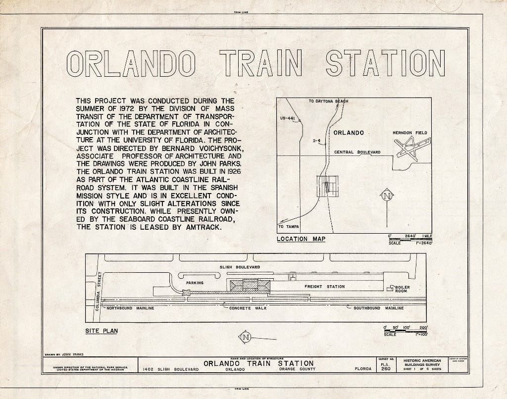 Blueprint Cover Sheet - Atlantic Coastline Railroad Station, 1402 Sligh Boulevard, Orlando, Orange County, FL