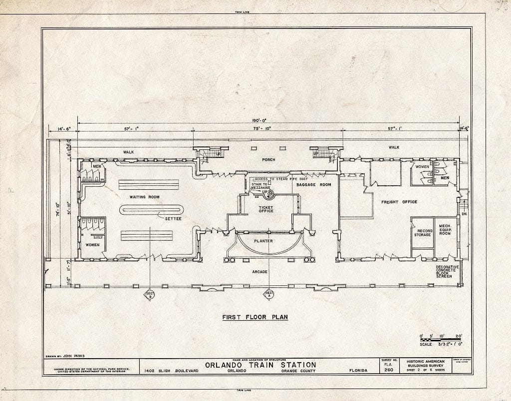 Blueprint First Floor Plan - Atlantic Coastline Railroad Station, 1402 Sligh Boulevard, Orlando, Orange County, FL