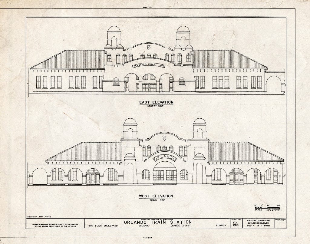 Blueprint East & West Elevation - Atlantic Coastline Railroad Station, 1402 Sligh Boulevard, Orlando, Orange County, FL