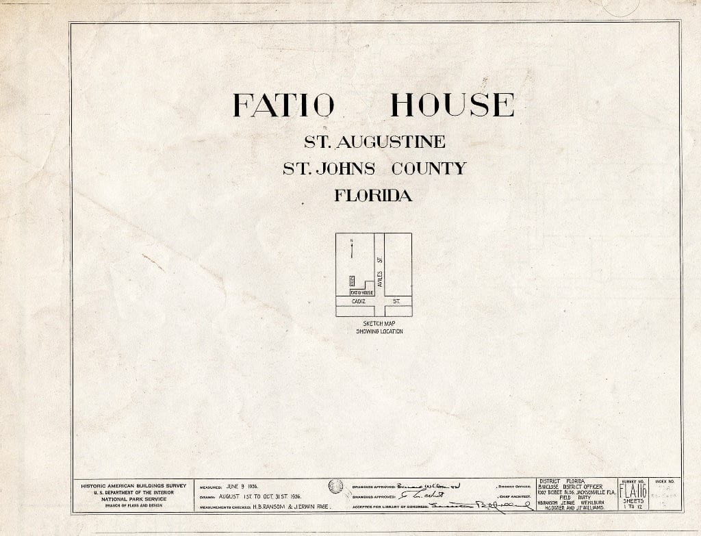 Blueprint 0. Cover Sheet - Ximenez-Fatio House, 22 Aviles Street, Saint Augustine, St. Johns County, FL