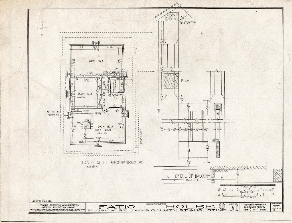 Blueprint 3. Attic Plan and Balcony Detail - Ximenez-Fatio House, 22 Aviles Street, Saint Augustine, St. Johns County, FL