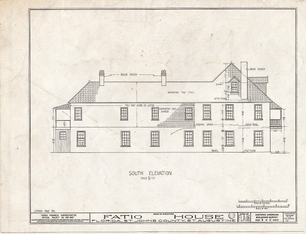 Blueprint 6. South Elevation - Ximenez-Fatio House, 22 Aviles Street, Saint Augustine, St. Johns County, FL