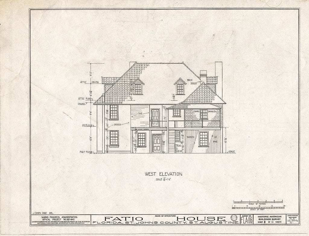 Blueprint 8. West Elevation - Ximenez-Fatio House, 22 Aviles Street, Saint Augustine, St. Johns County, FL