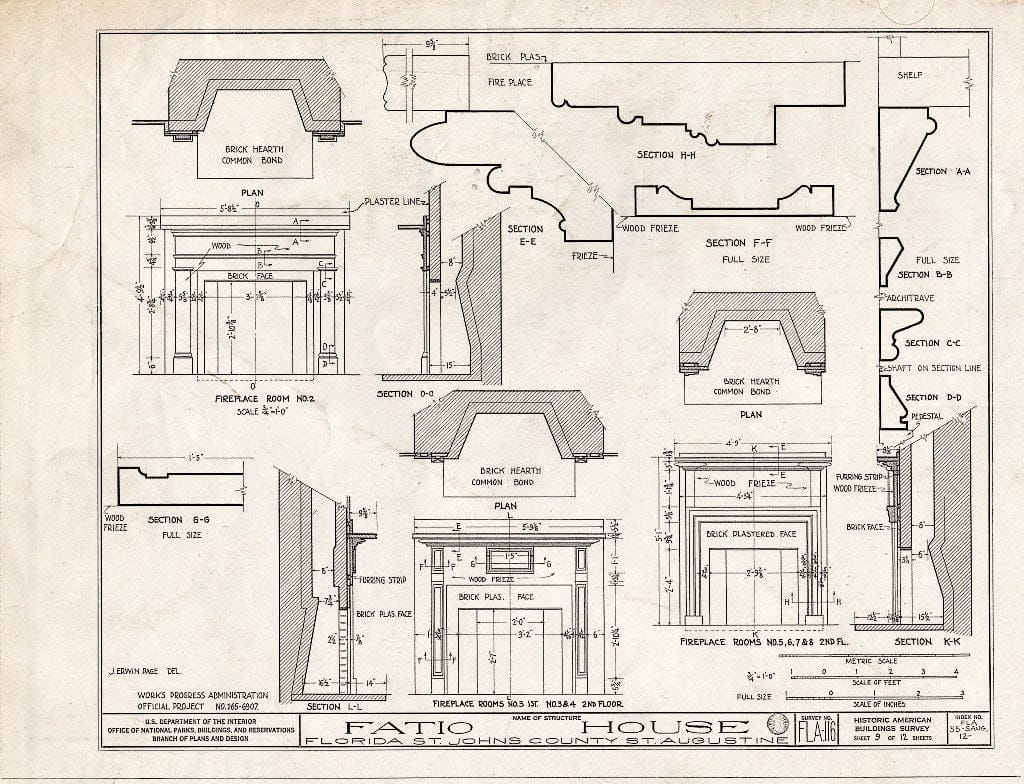 Blueprint 9. Fireplace Details - Ximenez-Fatio House, 22 Aviles Street, Saint Augustine, St. Johns County, FL