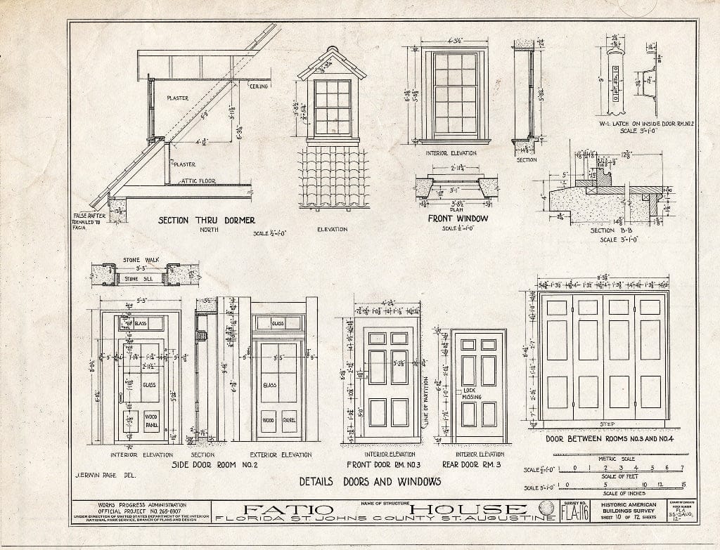 Blueprint 10. Windows and Doors - Ximenez-Fatio House, 22 Aviles Street, Saint Augustine, St. Johns County, FL