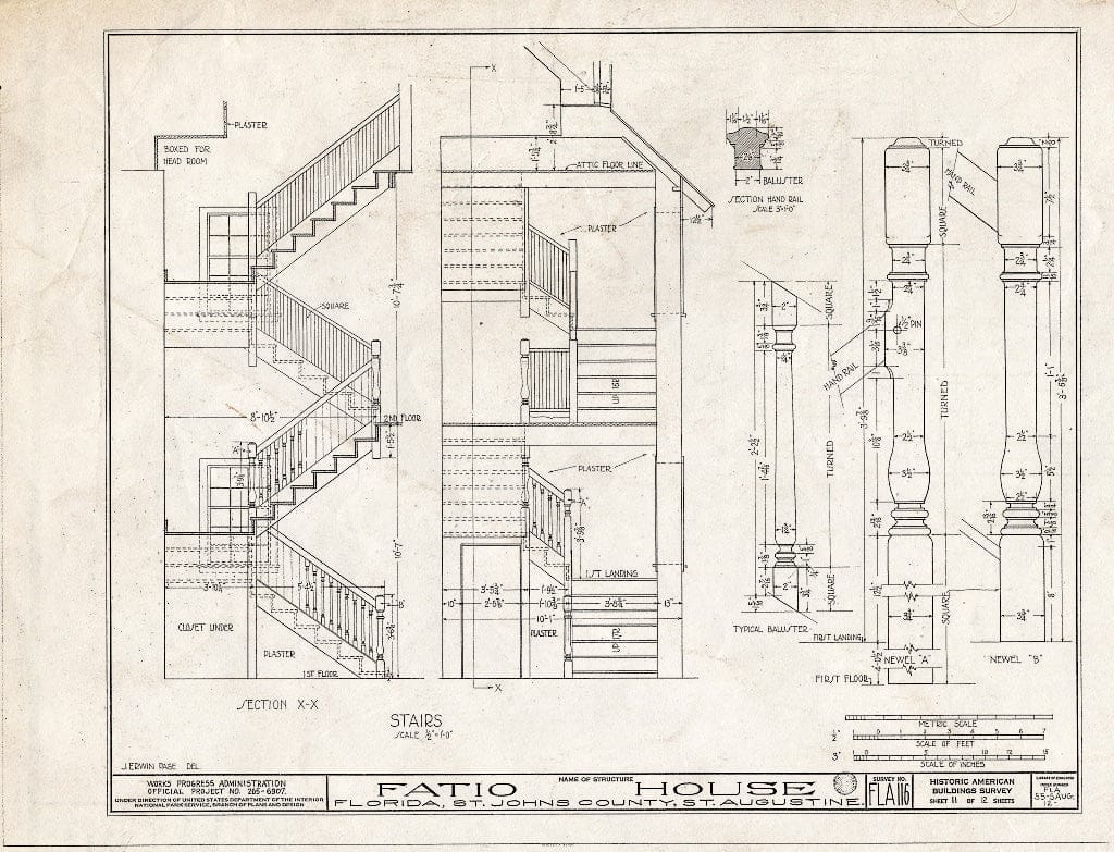 Blueprint 11. Stairs - Ximenez-Fatio House, 22 Aviles Street, Saint Augustine, St. Johns County, FL