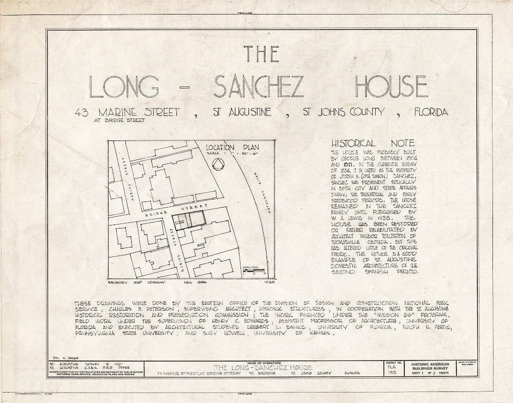 Blueprint Cover Sheet - Long-Sanchez House, 43 Marine Street, Saint Augustine, St. Johns County, FL