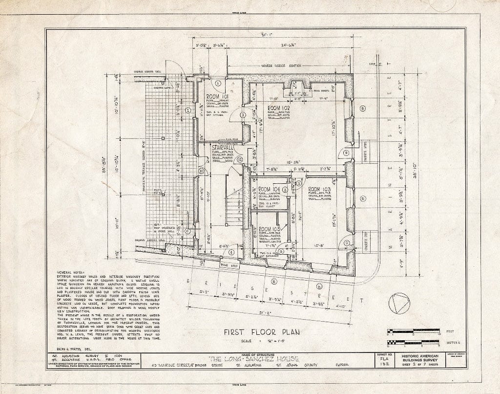 Blueprint First Floor Plan - Long-Sanchez House, 43 Marine Street, Saint Augustine, St. Johns County, FL