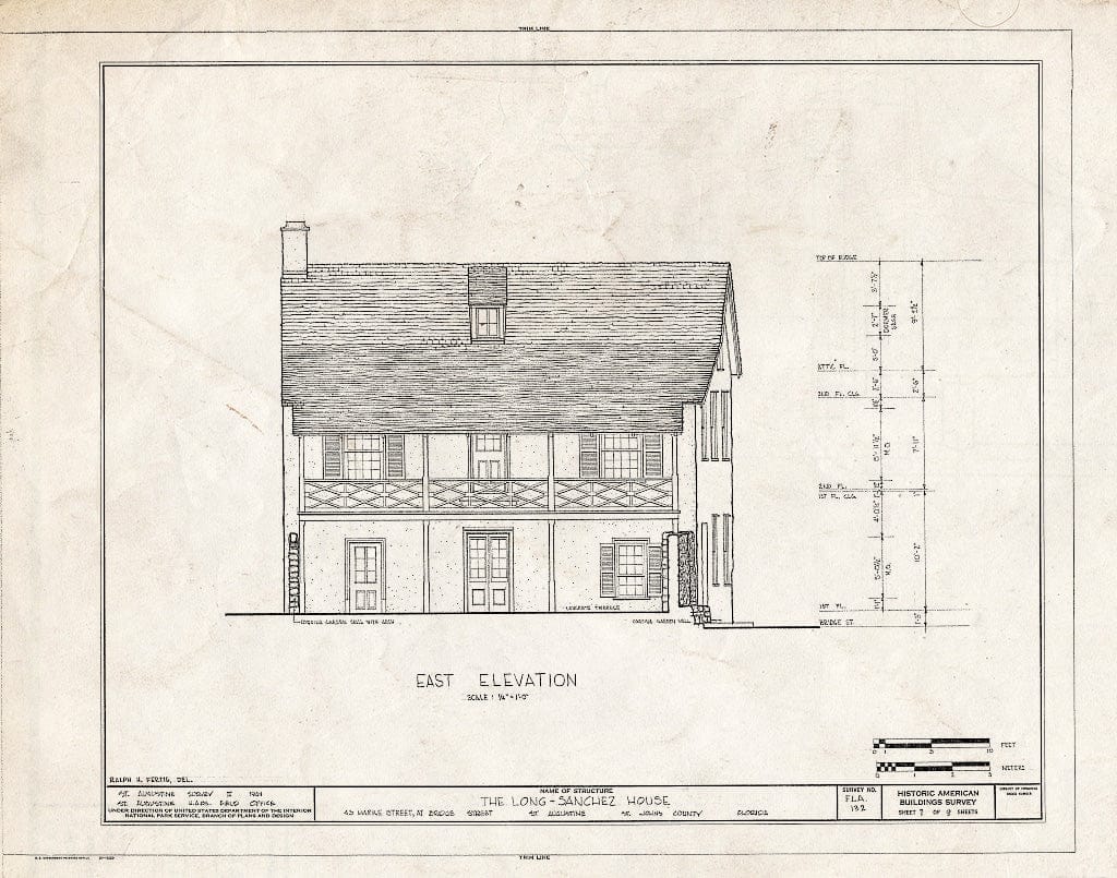 Blueprint East Elevation - Long-Sanchez House, 43 Marine Street, Saint Augustine, St. Johns County, FL