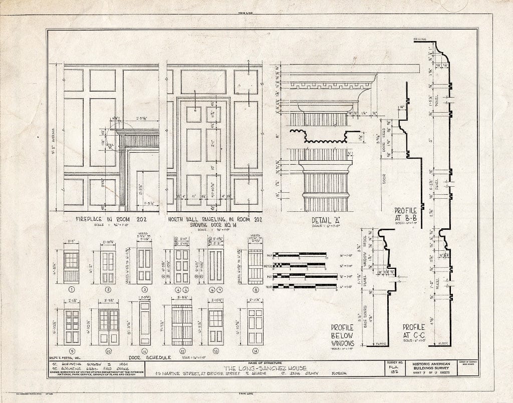 Blueprint Door Schedule, Profiles, Fireplace in Room 202, North Wall Paneling in Room 202 - Long-Sanchez House, 43 Marine Street, Saint Augustine, St. Johns County, FL