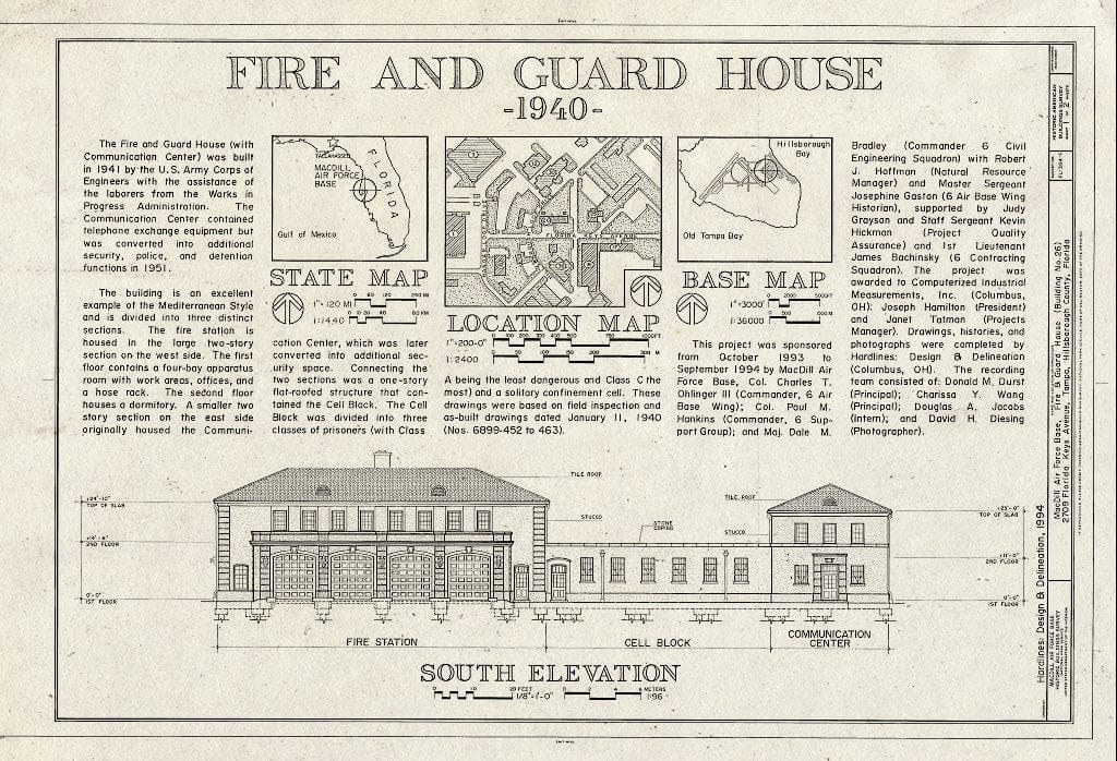 Blueprint Maps and South Elevation - MacDill Air Force Base, Fire & Guard House, 2709 Florida Keys Avenue, Tampa, Hillsborough County, FL