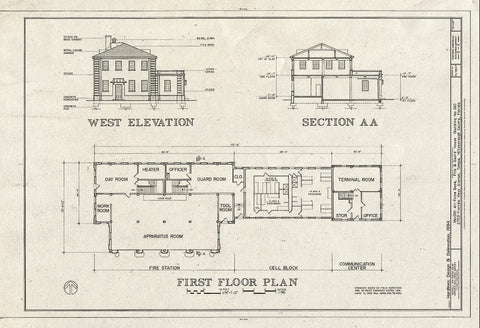 Blueprint West Elevation, Section, and First Floor Plan - MacDill Air Force Base, Fire & Guard House, 2709 Florida Keys Avenue, Tampa, Hillsborough County, FL