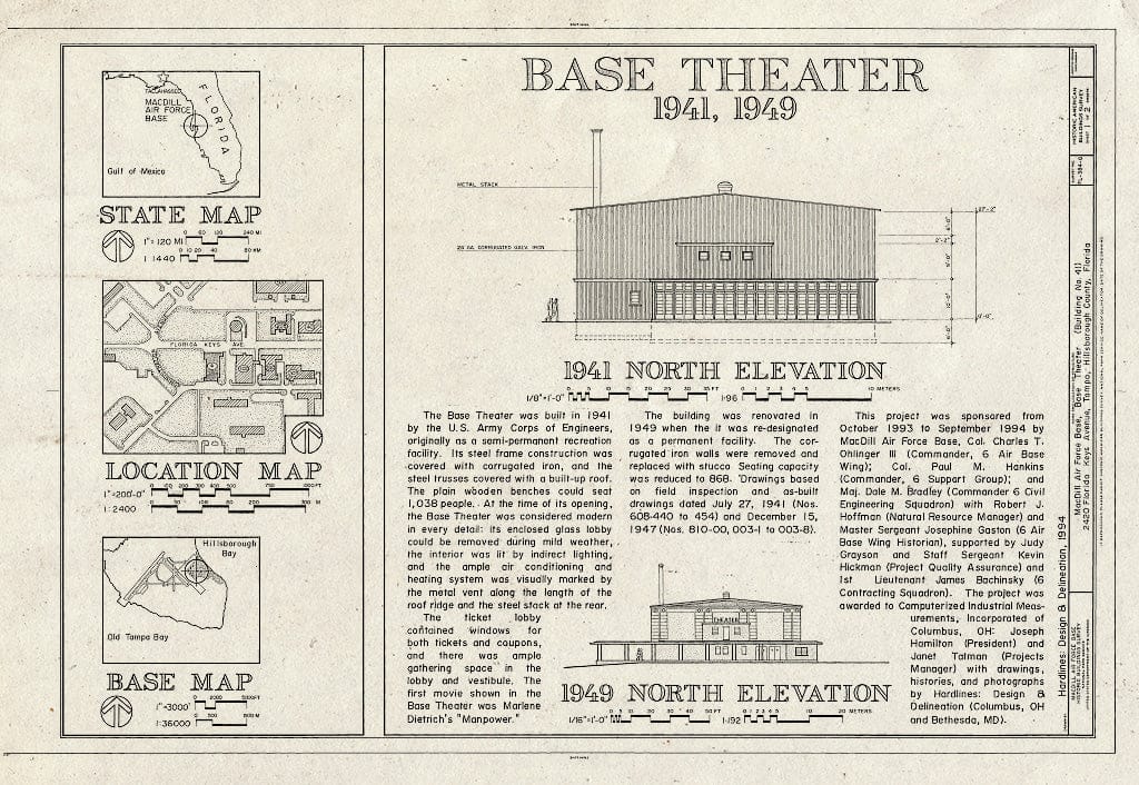 Blueprint Maps and 1941 North Elevation & 1949 Elevation - MacDill Air Force Base, Base Theater, 2420 Florida Keys Avenue, Tampa, Hillsborough County, FL