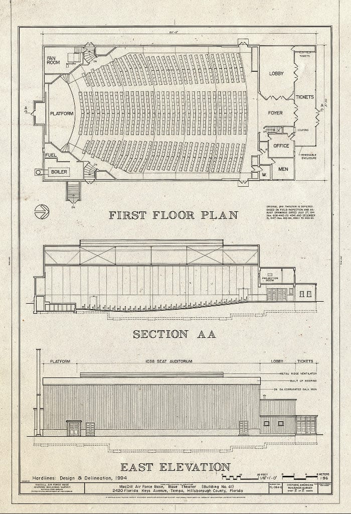 Blueprint First Floor Plan, Section, and East Elevation - MacDill Air Force Base, Base Theater, 2420 Florida Keys Avenue, Tampa, Hillsborough County, FL