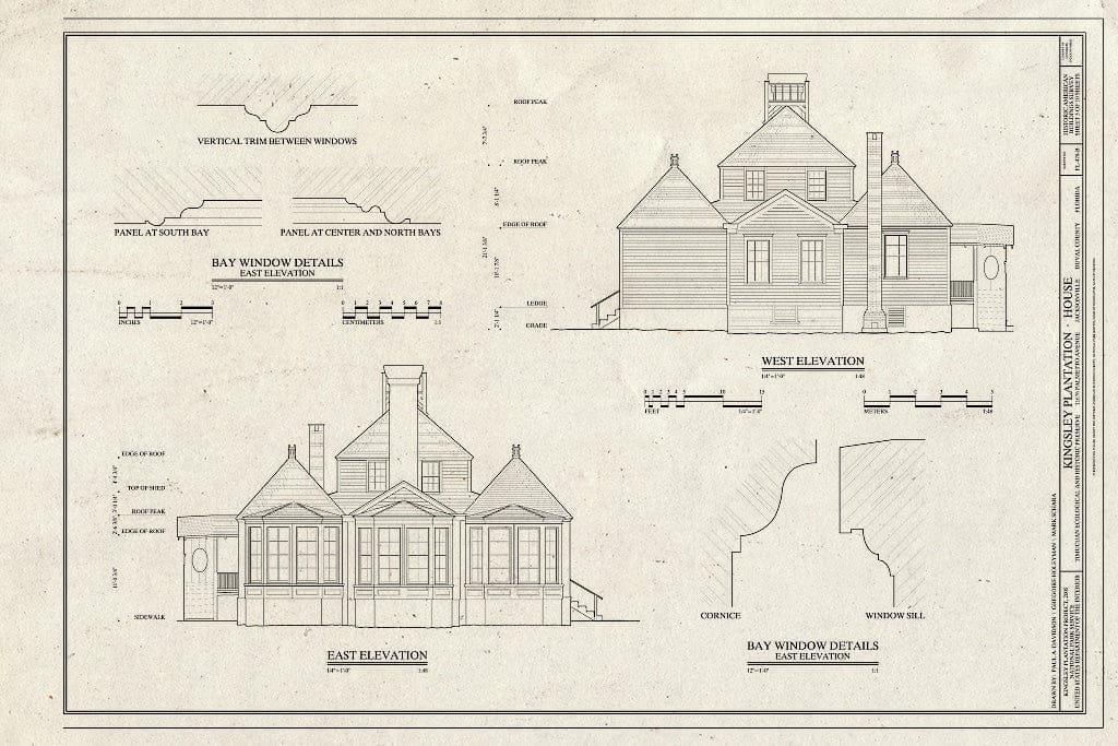 Blueprint East & west elevations & Bay Window Details - Kingsley Plantation, House, 11676 Palmetto Avenue, Jacksonville, Duval County, FL