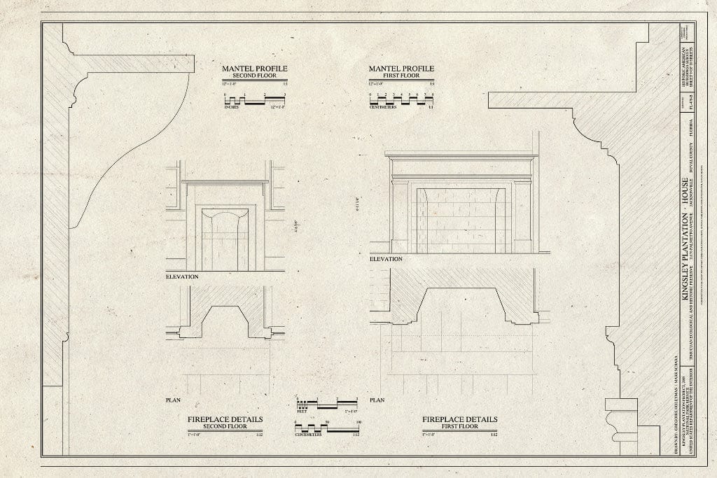 Blueprint Fireplace Details - Kingsley Plantation, House, 11676 Palmetto Avenue, Jacksonville, Duval County, FL